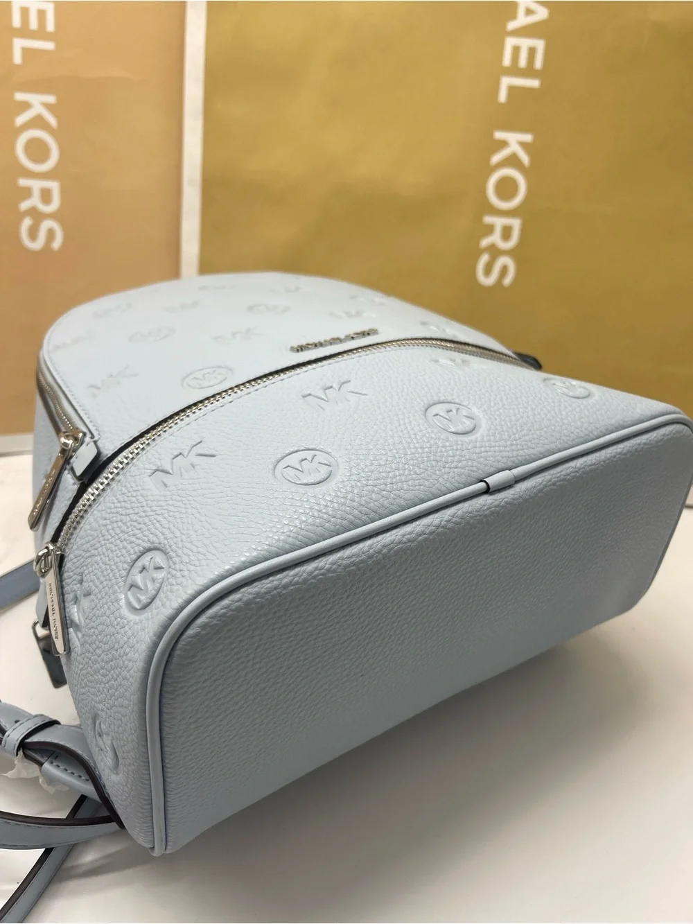 Michael Kors Rhea Medium Zip Logo Debossed Backpack Pale Ocean NWT